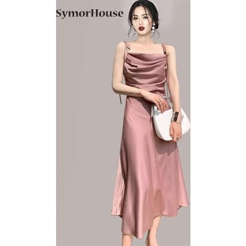 Summer Elegant Yellow Satin Ruched Bust Sleeveless Spaghetti Strap Camisole Slim Long Midi Formal Party Dress Autumn