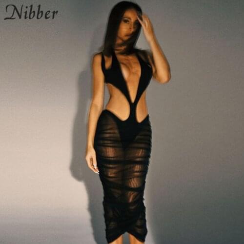 Nibber Summer New Style Halter Strap Dress Semi-perspective Cool Fabric With Waist Slim Sexy Design Folds Women Party Nightclub
