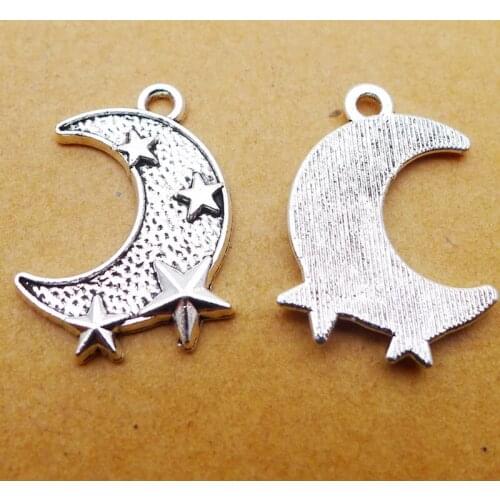 Fashion Alloy Antique Silver Color Moon Charms With Stars 20pcs 16*22mm AAC441