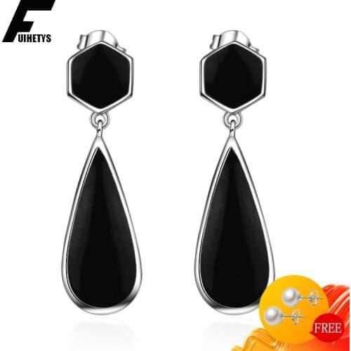 Bali Jelry Trendy Silver 925 Earrings Jewelry Water Drop Shape Black Color Earring for Women Wedding Engagement Gift Accessories