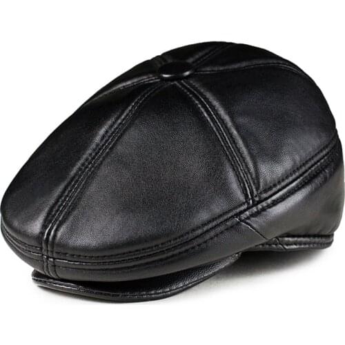 Mens Genuine Leather Warm Octagonal Cap Casual Vintage Newsboy Cap Golf Driving Flat Cabbie Hat Winter Female Artist Gatsby Cap