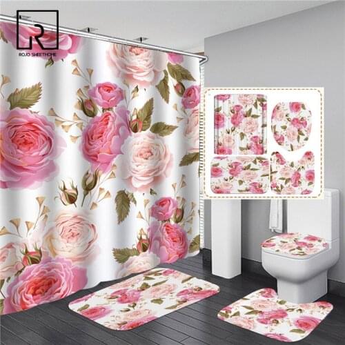 Pink Flowers Rose Elegant Printed Shower Curtain Set Waterproof Women Bathing Bathroom Pedestal Rug Lid Carpet Toilet Cover