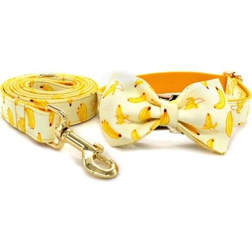 Free engrave name ID nylon dog collar leash with bow tie banana design gold metal buckles adjustable pet supplies Christmas gift