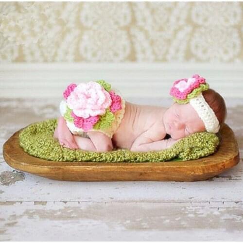 Baby Girl Crochet Floral Headband+Pants Photo Shoot Outfits Newborn Photography Props Clothes Infant Birthday Picture Photo Prop