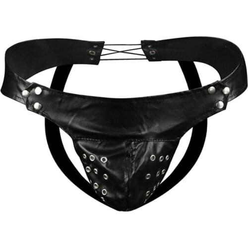 Sexy Mens Underwear PU Leather Buttocks Jockstrap Rivet Thongs ZJH1031
