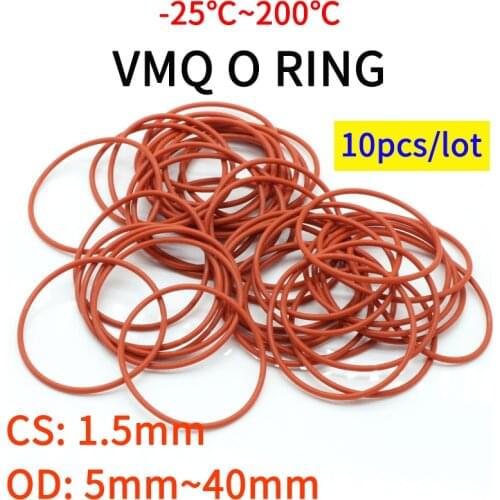 10pcs VMQ O Ring Seal Gasket Thickness CS 1.5mm OD 5 ~ 40mm Silicone Rubber Insulated Waterproof Washer Round Shape Nontoxi Red