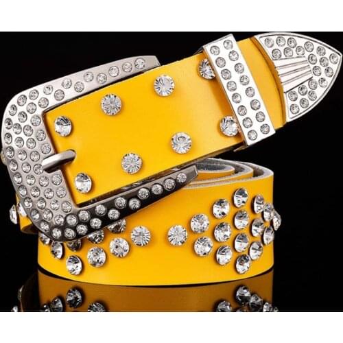 Female Belt Genuine Leather Rhinestones Belt Alloy Pin Buckle Western Crystal Waistband Cowgirl Diamond Belt For Women Men Jeans
