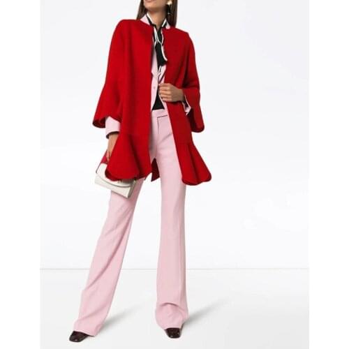 Red Elegant Round-Neck Ruffle Bottom Streetwear Fashion Long Plus Size Wool Blended Coat For Female 2021 Autumn Winter Outwear