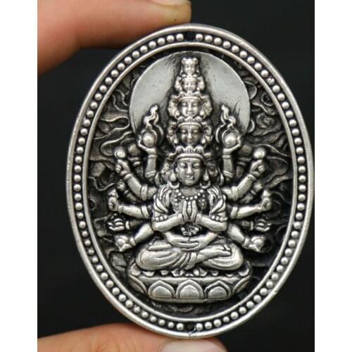2.6" Tibet Buddhism Miao Silver 18 Arms Maha Cundi Kwan-yin Bodhisattva Pendant