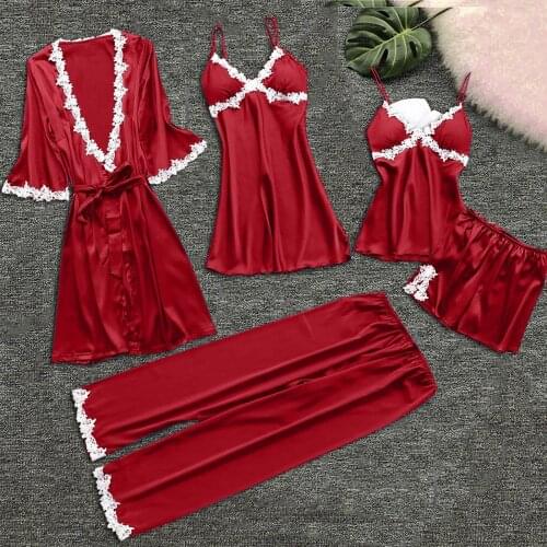 5pc Silk Robe Sleep Suit Womens Lace Satin Pajamas Gown Set V-neck Cami Nighties Wear Pijama Home Nightwear Nightdress