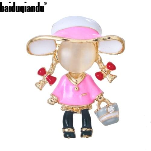 Baiduqiandu Enamel Opal Carry Bag Girl Brooches Women Alloy 2-color Wearing Hat Girl Figure Office Casual Brooch Pins Gifts