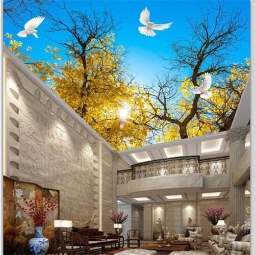 Beibehang Custom wallpaper 3d photo mural yellow apricot leaves autumn blue sky white clouds sky top mural background wall paper