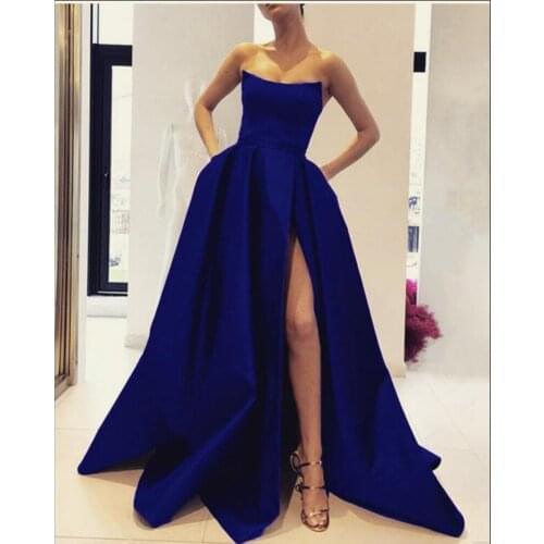 Elegant Royal Blue Evening Dresses Long 2020 Strapless Sexy High Slit Satin A-line Arabic Dubai Style Formal Gowns Abendkleider