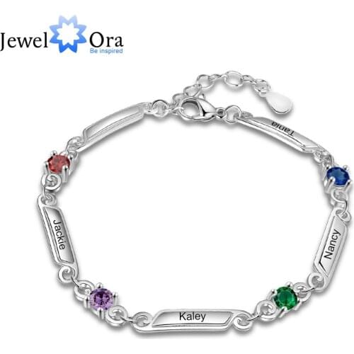 Elegant Personalized Bracelets with 4 Birthstones Custom 5 Family Names Engraved Bracelets & Bangles Trendy Jewelry Gift