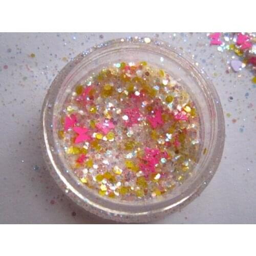 G470 Neon Pink Yellow Butterfly Hexagon Sequins Glitter Mix Solvent Resistant Matte Finish Intense Vibrant Acrylic Supplies