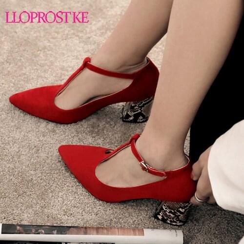 Lloprost ke Pink Red Pointed Toe T Strap Snake Print High Heel Shoes Woman Flock Dress Office Mary Jane Black Shoes Pumps Summer