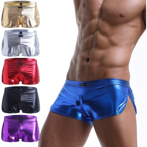 Mens underwear low waist imitation leather sexy patent leather underwear sexy U convex pocket boxer boxer shorts temptation