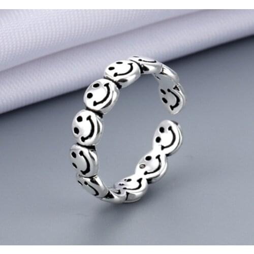 Vintage Silver Color Smiling Face Rings for Women Men Punk Style Hip Hop Adjustable Ring Fashion Jewelry Best Gift