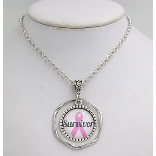 New Arrival Breast Cancer Awareness Jewelry Cabochon Necklace Breast Cancer Survivor Pink Ribbon Pendant Necklace Cancer Jewelry
