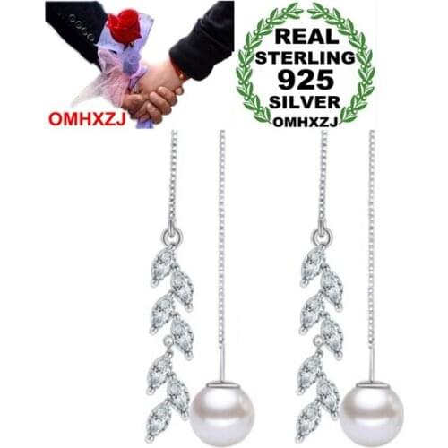 OMHXZJ Wholesale geometric Fashion pearls leaf Women kpop 925 Sterling Silver Tassel pendant drop Long Ear Line Earrings YS153
