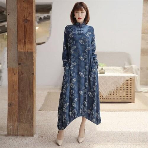 Autumn Oversize Womens Dress Q2098 Winter Vintage Mandarin Collar Girls Dress Floral Print Loose Long Blue A line Vestidos