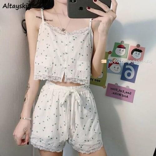 2 Piece Pajama Sets Women Summer Lace Cropped Sleepwear Lovely Slim Female Elegant Breathable Homewear Spaghetti Strap Fashion