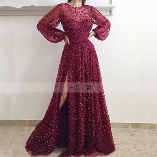 High neckline heavy beaded Burgundy long sleeve dress 2021 sexy cuff girdle dress maxi dress formal Evening dress ball dress