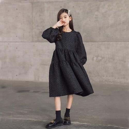 6 To 16 Years Girls Midi Dress Teen Kids Autumn Dress 2021 New Baby Children Clothing Lantern Sleeve Jacquard Fabric,#6483