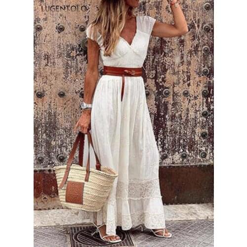 Women Sexy Dress V-neck Solid Short Sleeve Summer Loose Female Casual Mid Waist Big Swing Long Dress