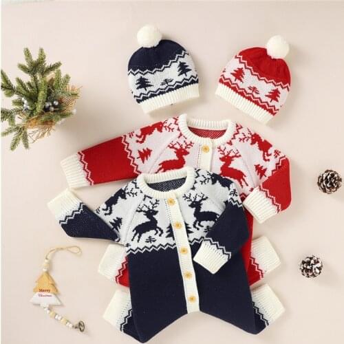 Blotona Baby Girls Boys Christmas Jumpsuit Spring Autumn Creative XMAS Elk Print Long Sleeve O-Neck Button Romper+Hat 0-18Months