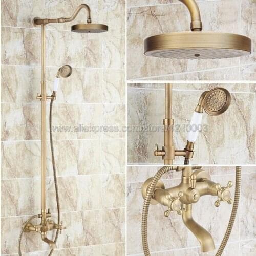 Antique Bronze Brass Wall Mounted Bathroom Rain Shower Mixer Tap W /Tub Faucet Set Dual Handles Krs099