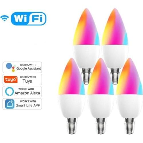 5pcs Tuya WiFi Candle Bulb E14 Smart RGBWC LED Dimmable Light Smart Life APP Remote Voice Control Works With Alexa Google Home