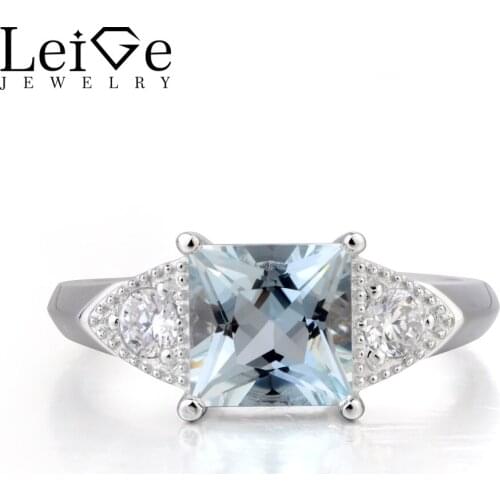Leige Jewelry Promise Ring Nature Aquamarine Ring March Birthstone Princess Cut Blue Gemstone 925 Sterling Silver Gifts for Her