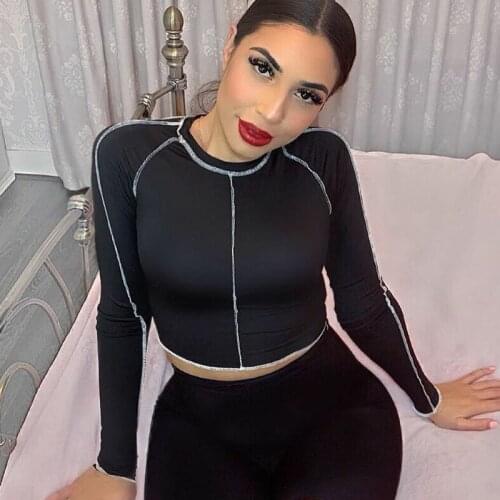Women Long Sleeve T-shirt Block Navel Round Neck Crop Top Short Sexy Slim Spring Autunm Female Solid Clothing Plus Size Tops