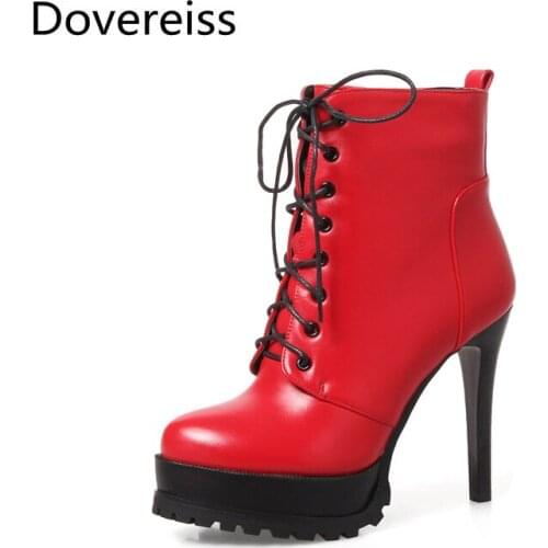 Dovereiss Fashion platform boots red Winter Pointed Toe Cross tied sexy Stilettos Chunky Heels Sexy Short boots big size 43