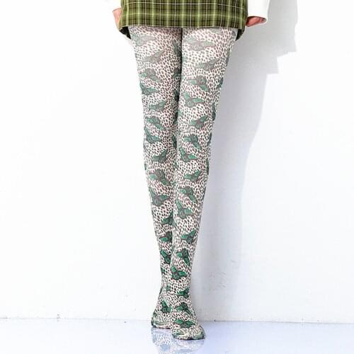 Womens Tights Punk Style Dark Green Moth Print Pantyhose