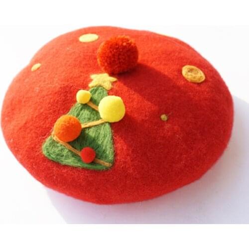 Women Hat Handmade Wool Red Felt Berets Fashion Vintage Painter Winter Hats Sweet Cute Creative Christmas Tree Beret Cap