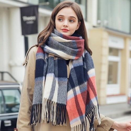 100% Wool Scarf for Women Thicken Warm Cashmere Shawls and Wraps Blue Plaid Echarpe Pashmina Winter Wool Scarves Foulard Femme