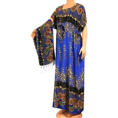 2020 Fashion African Dresses For Women High Quality Blue Cotton Gorgeous Floral Print Modern Women Maxi Dress With Big Scarf