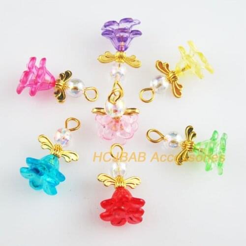 21 New Angel Charms Gold Color AB Beads Acrylic Mixed Flower Pendants 14x24mm
