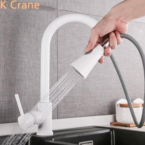 White Faucet Kitchen Hot Cold Mixer Crane Sink Flexible Pull Out Tap Deck Mounted Stream Water Grifo Modern Luxury Gold Torneira
