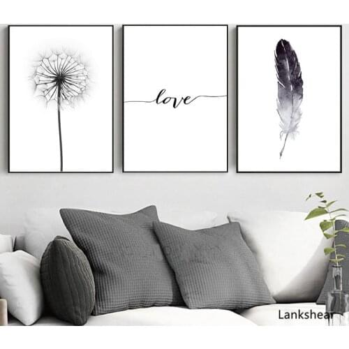 Black And White Dandelion Feathers Poster And Print Letter Love Wall Art Canvas Painting Home Picture Wall Decoration Artwork
