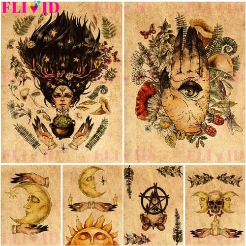 Gypsy Moon Witch Divination Magic Wall Art Canvas Painting Retro Sun And Moon Art Poster And Print for Living Room Decoration