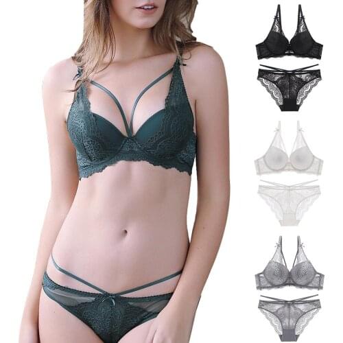 Women Push Up Bra and Panty Set Two-piece Lace Transparent Underwired Bra Panties Sexy Women Strappy Underwear Set