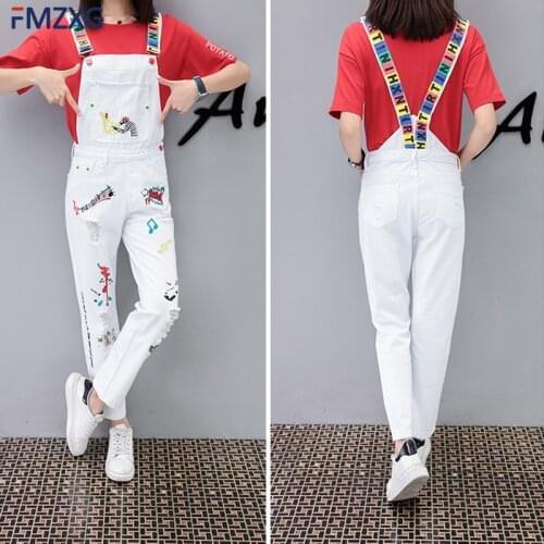 Korean white Embroidery ripped denim overall Fashion Loose Hole Bodysuit Jumpsuit Women Girl Trousers Jeans Cowboy Pants Body