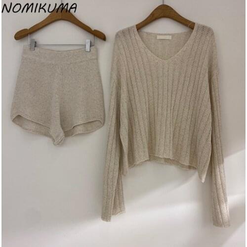 Nomikuma Korean Women Knitted Outfits Causal V-neck Long Sleeve Pullove Knitwear + High Waist Shorts Causal 2pieces Sets 6K783