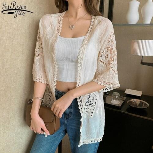 Lace Shirt Long Knitted Cardigan Short Sleeve Air Conditioning Shirt Sunscreen Shirt Traditonal Vacation Coat Women Shirt 13672
