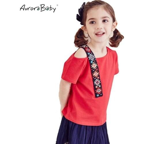 2018 Summer Girls Fashion T-shirt Embroidery Shoulder Girls T-shirt Bold-Shoulder Cotton Red Tops Children Clothing