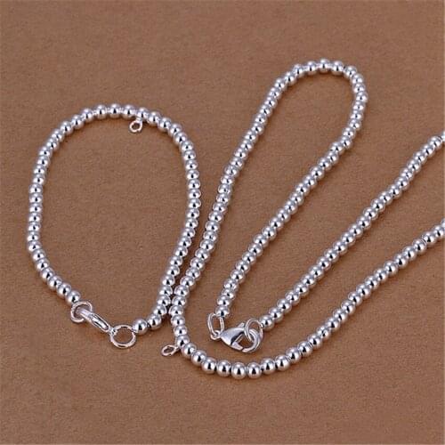 Fashion 925 Sterling Silver Bracelet necklace Jewelry sets for women men classic 4MM Buddha beads chain Fashion Party Gifts