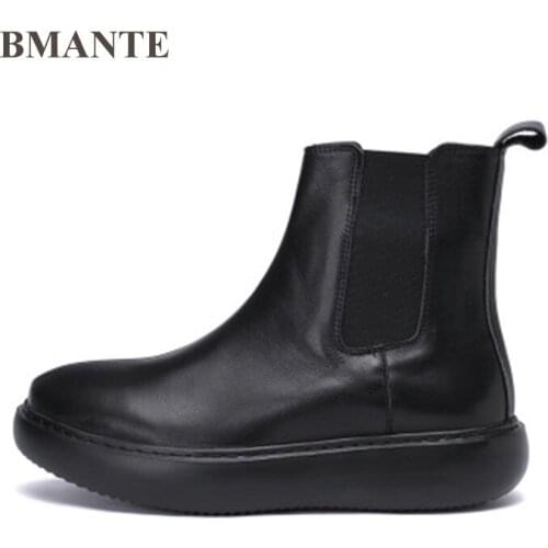 Bmante Genuine Leather Men Ankle Snow Boots Solid Black Increased Thick Bottom Slip-on Male Adult Shoes Trainers High Sneaker